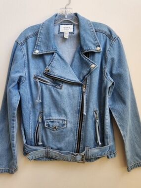 Forever 21 Y2K Moto Biker Jean Jacket Womens Size Medium Oversized Blue Denim